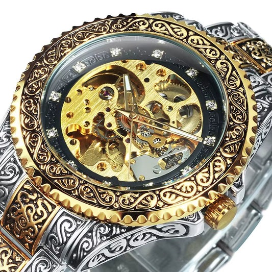 WINNER Gold Skeleton Mechanical Watch Men Automatic Vintage Royal Fashion Engraved Auto Wrist Watches Top Brand Luxury Crystal