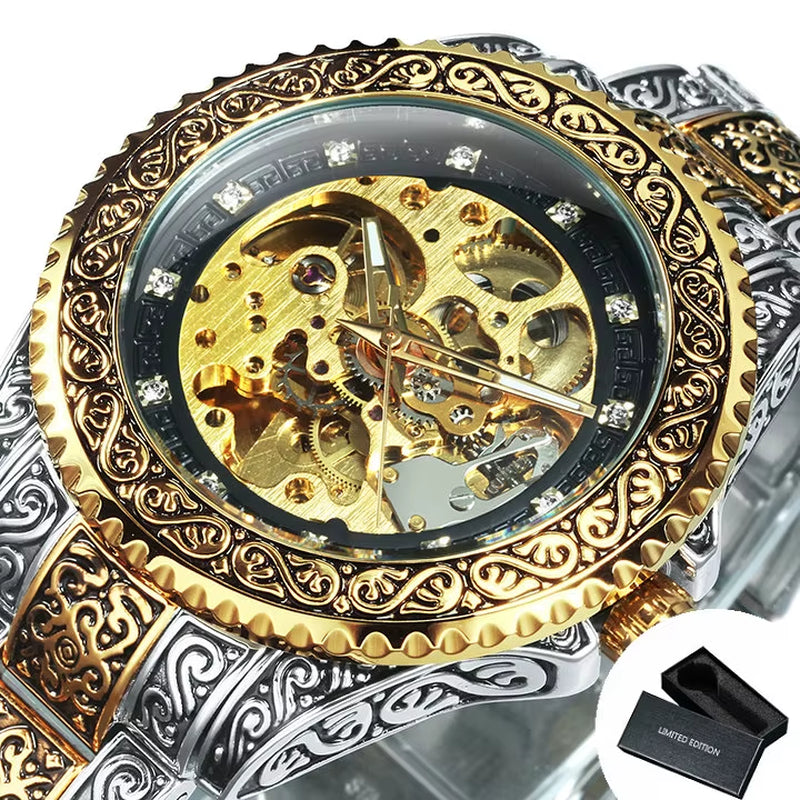 WINNER Gold Skeleton Mechanical Watch Men Automatic Vintage Royal Fashion Engraved Auto Wrist Watches Top Brand Luxury Crystal