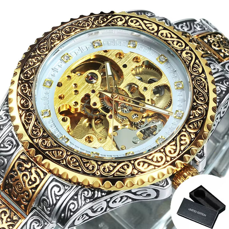 WINNER Gold Skeleton Mechanical Watch Men Automatic Vintage Royal Fashion Engraved Auto Wrist Watches Top Brand Luxury Crystal