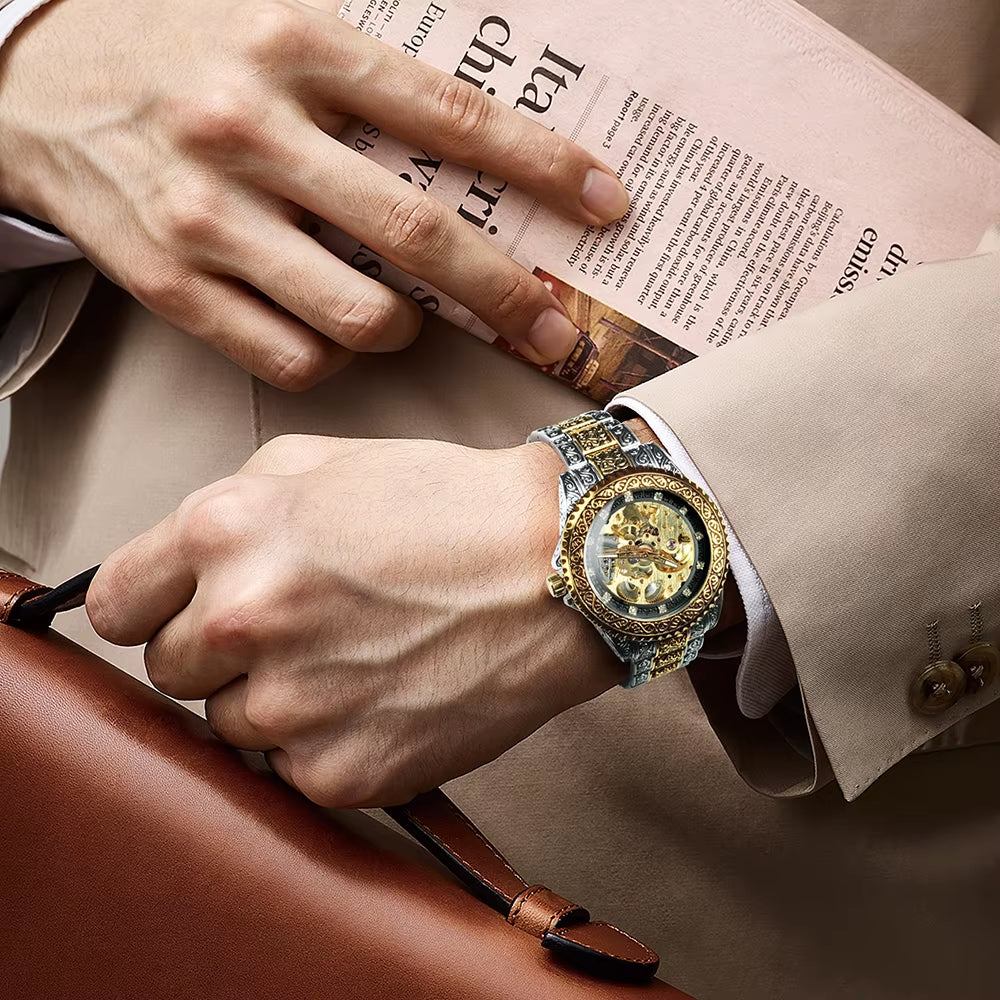 WINNER Gold Skeleton Mechanical Watch Men Automatic Vintage Royal Fashion Engraved Auto Wrist Watches Top Brand Luxury Crystal