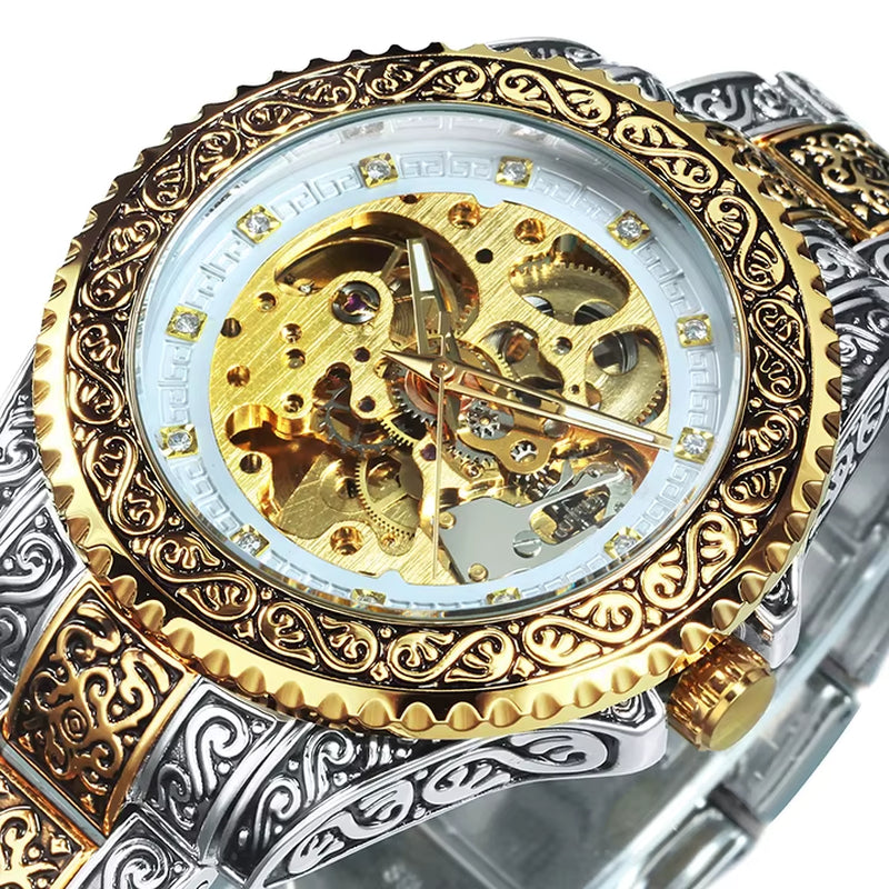 WINNER Gold Skeleton Mechanical Watch Men Automatic Vintage Royal Fashion Engraved Auto Wrist Watches Top Brand Luxury Crystal