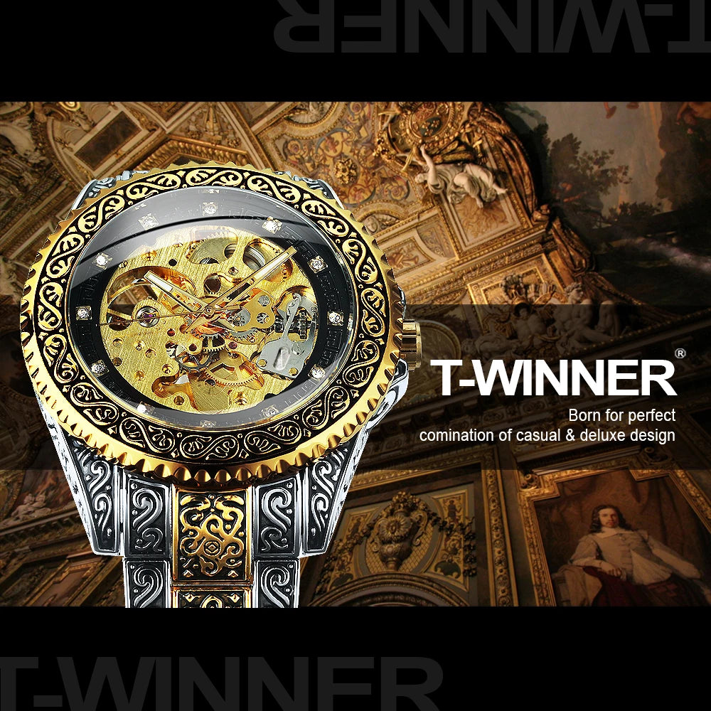 WINNER Gold Skeleton Mechanical Watch Men Automatic Vintage Royal Fashion Engraved Auto Wrist Watches Top Brand Luxury Crystal
