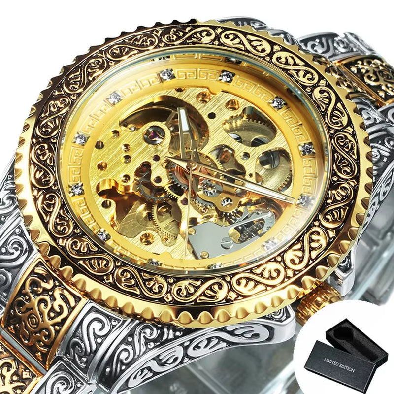 WINNER Gold Skeleton Mechanical Watch Men Automatic Vintage Royal Fashion Engraved Auto Wrist Watches Top Brand Luxury Crystal
