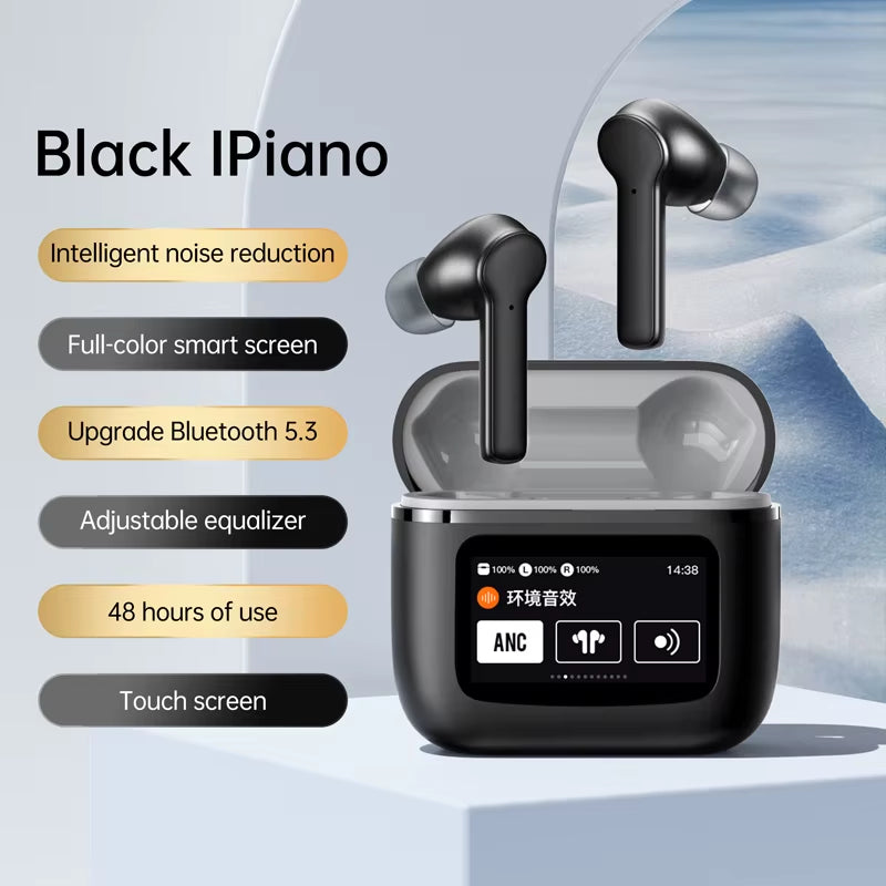 New LCD Touch Screen Noise Reduction Bluetooth Earphone TWS Wireless ANC Smart Full Color Screen Headset Earbuds for Android IOS