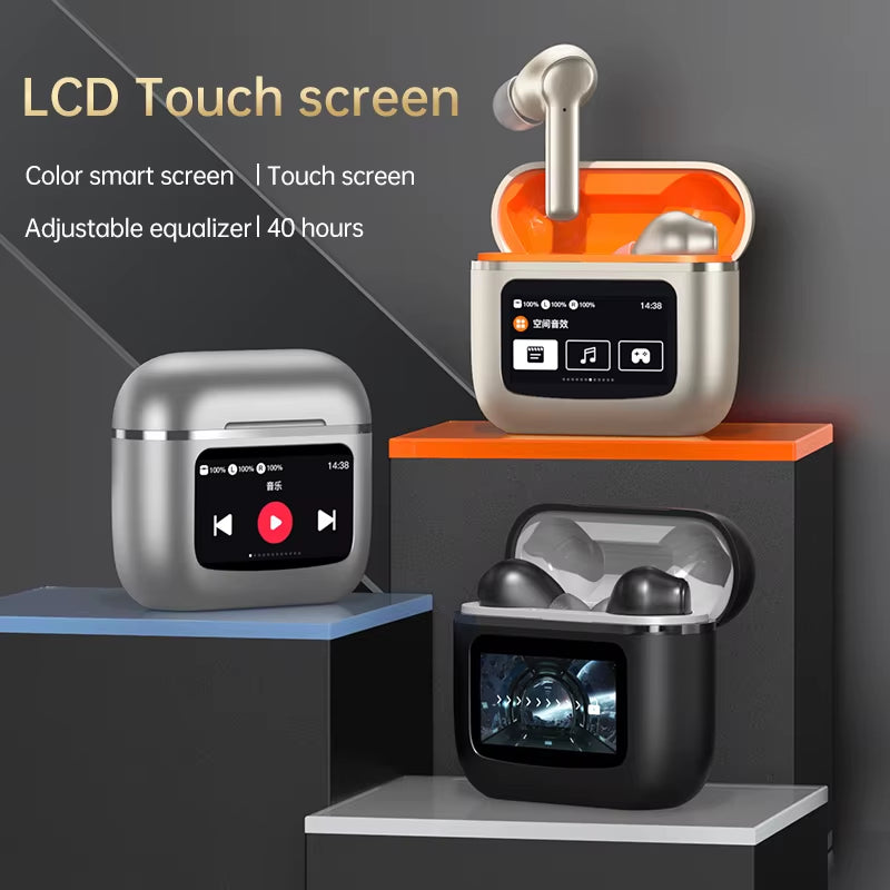 New LCD Touch Screen Noise Reduction Bluetooth Earphone TWS Wireless ANC Smart Full Color Screen Headset Earbuds for Android IOS
