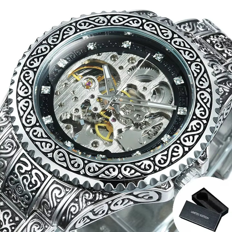 WINNER Gold Skeleton Mechanical Watch Men Automatic Vintage Royal Fashion Engraved Auto Wrist Watches Top Brand Luxury Crystal