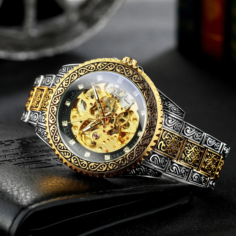 WINNER Gold Skeleton Mechanical Watch Men Automatic Vintage Royal Fashion Engraved Auto Wrist Watches Top Brand Luxury Crystal