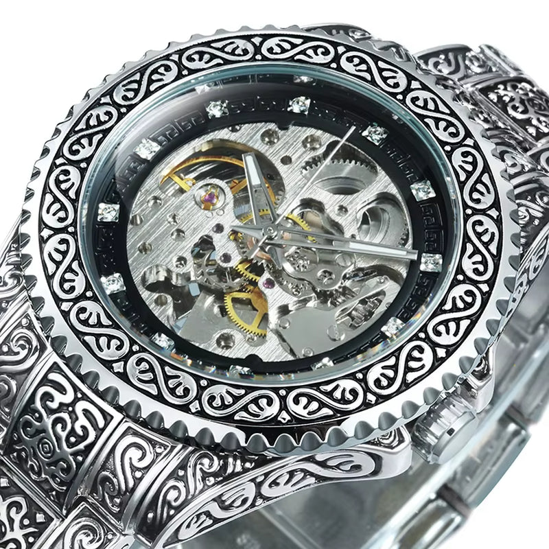 WINNER Gold Skeleton Mechanical Watch Men Automatic Vintage Royal Fashion Engraved Auto Wrist Watches Top Brand Luxury Crystal