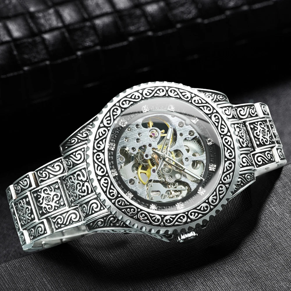 WINNER Gold Skeleton Mechanical Watch Men Automatic Vintage Royal Fashion Engraved Auto Wrist Watches Top Brand Luxury Crystal