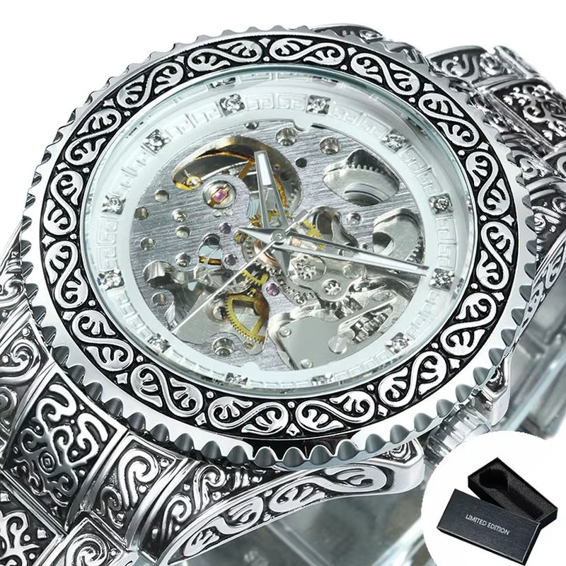 WINNER Gold Skeleton Mechanical Watch Men Automatic Vintage Royal Fashion Engraved Auto Wrist Watches Top Brand Luxury Crystal