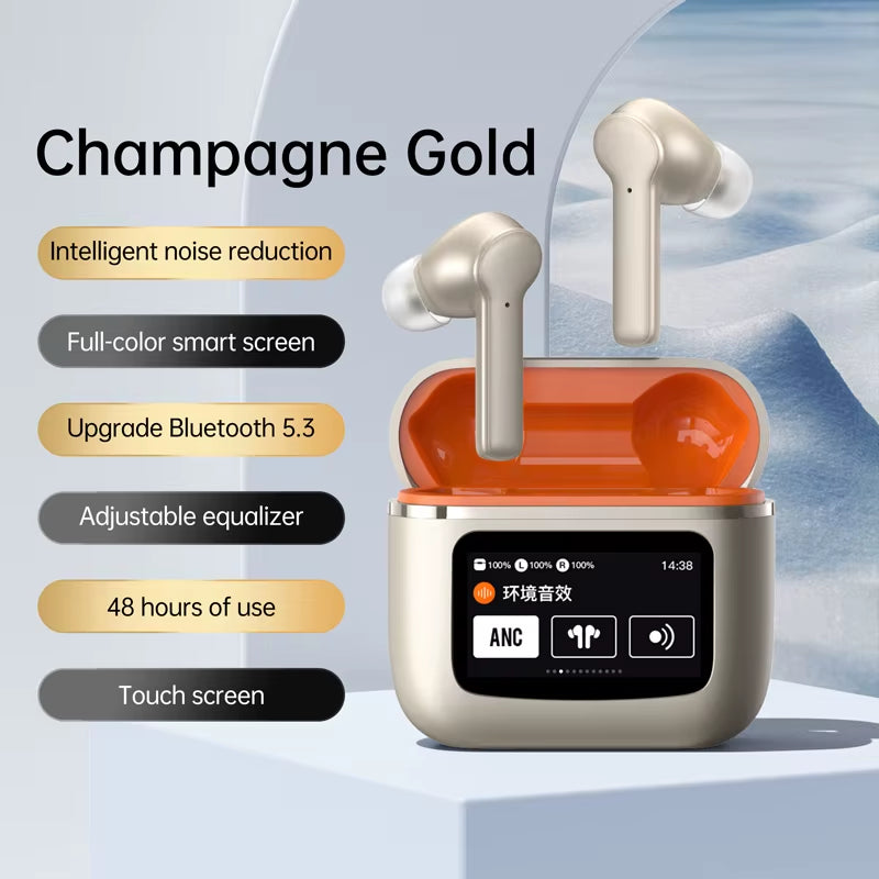 New LCD Touch Screen Noise Reduction Bluetooth Earphone TWS Wireless ANC Smart Full Color Screen Headset Earbuds for Android IOS