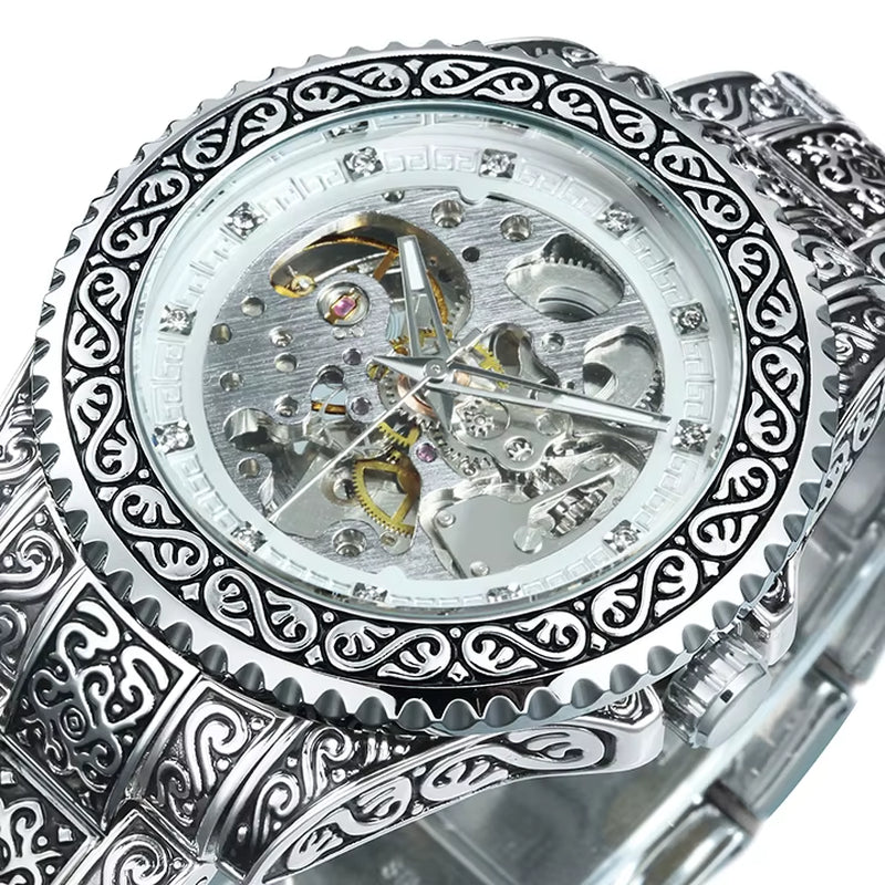 WINNER Gold Skeleton Mechanical Watch Men Automatic Vintage Royal Fashion Engraved Auto Wrist Watches Top Brand Luxury Crystal