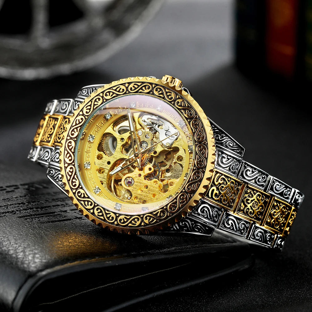 WINNER Gold Skeleton Mechanical Watch Men Automatic Vintage Royal Fashion Engraved Auto Wrist Watches Top Brand Luxury Crystal